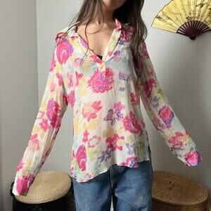 y2k vintage white floral print pink semi sheer collared v neck silk blouse top